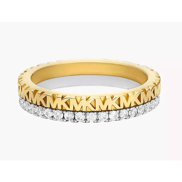 Michael Kors 14K Gold Vermeil Ring (Size 6)MK Logo Luxury Fashion Crystal NWT - Picture 1 of 16